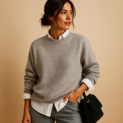 Women’s stylish wool knit sweater with refined minimalist design, elegant fit, and soft fabric. Perfect for casual days or semi-formal office looks.
