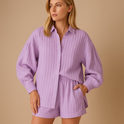 Light two-piece summer set for women with short-sleeve blouse and shorts, perfect for warm days, vacations, or casual wear.