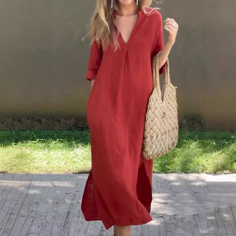 Sunny V Neck Split Hem Dress - Pexav