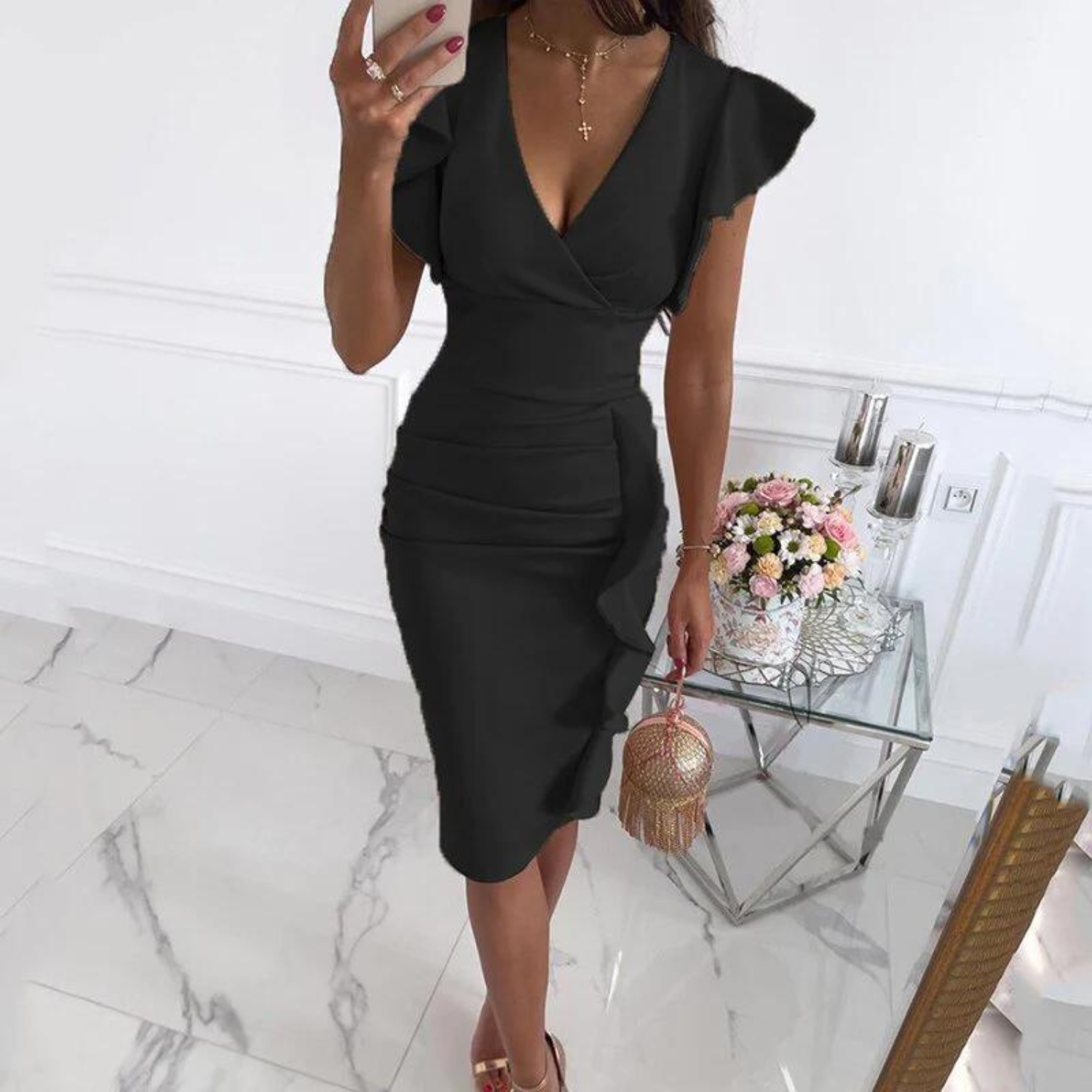 Summer Midi Dress with V-Neck and Fitted Shape – Livia-Black-S-State of Style
