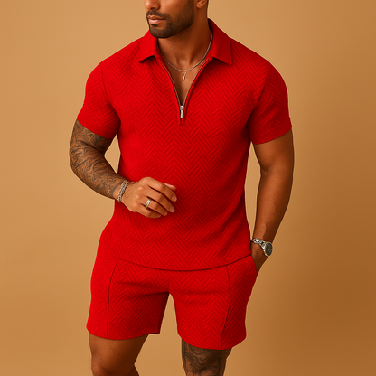 Men’s summer set with polo shirt and shorts, perfect for holidays, beach days, or casual summer outfits.