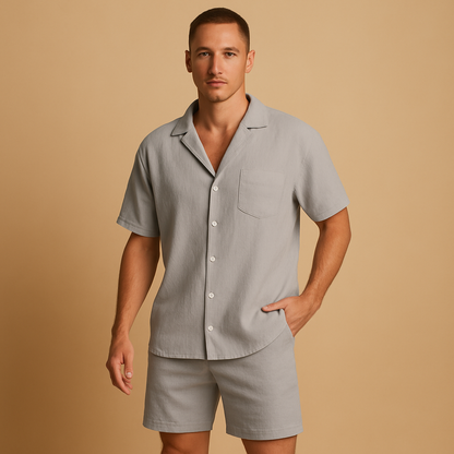 Men’s summer set with V-neck shirt and lapel collar, paired with elastic shorts. Relaxed fit, lightweight, perfect for casual wear and warm days.
