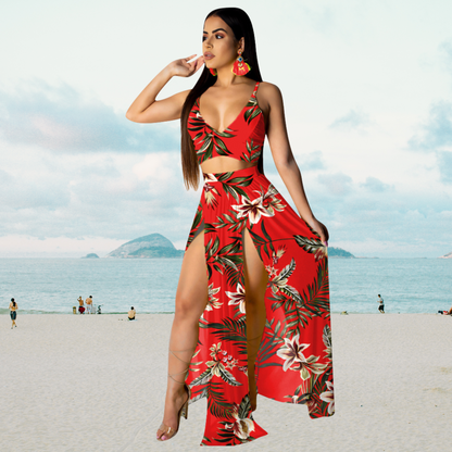 Summer Set with Halter Top and Long Skirt with Split – Naïma-Red-S-State of Style