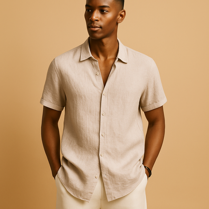 Men’s casual short sleeve summer shirt with classic collar, solid design, and button details. Perfect for vacations, beach walks, or casual outings.