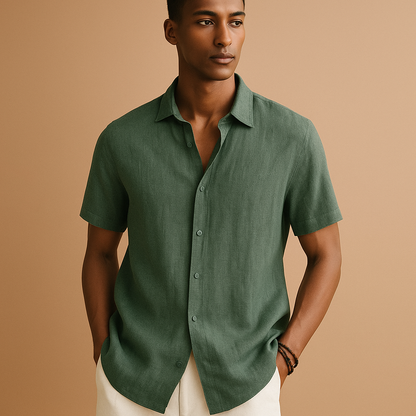 Men’s casual short sleeve summer shirt with classic collar, solid design, and button details. Perfect for vacations, beach walks, or casual outings.