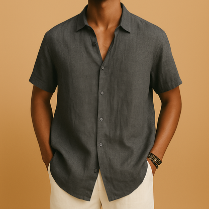 Men’s casual short sleeve summer shirt with classic collar, solid design, and button details. Perfect for vacations, beach walks, or casual outings.