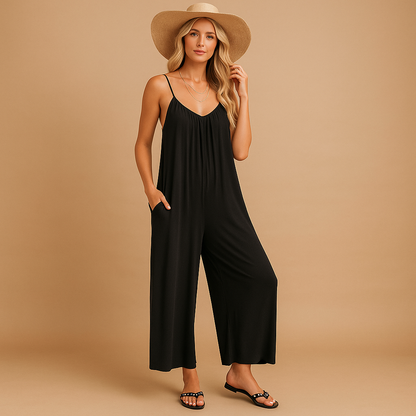 Women’s summer sleeveless jumpsuit with adjustable straps, elastic waist, and lightweight fabric. Perfect for vacations, summer days, and parties.