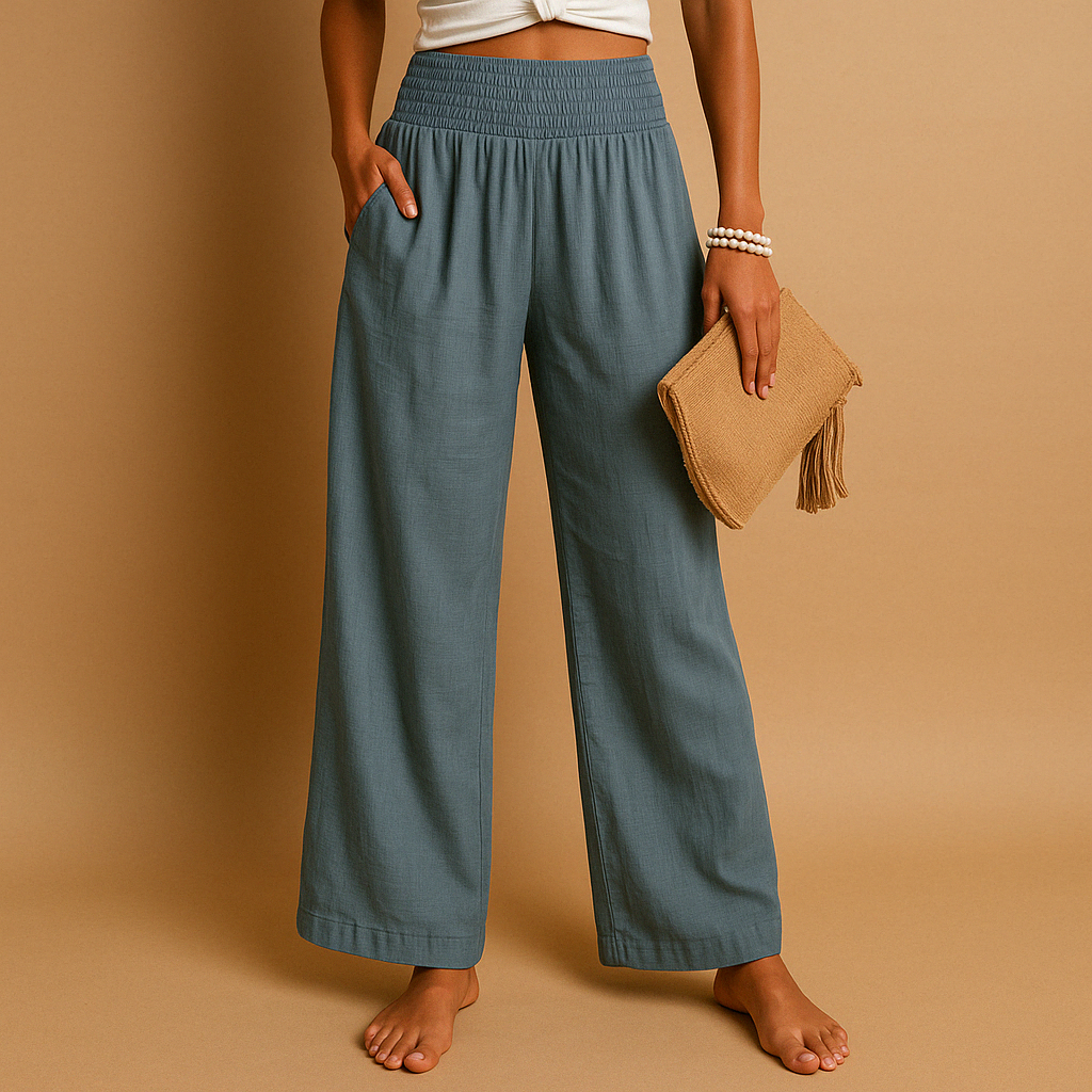Women’s lightweight summer trousers with elastic waistband and loose straight legs, ideal for casual outings and relaxed summer days.
