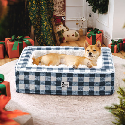 Super soft Checked Dog Bed - Scottish Snuggle Bed-Blue-M-Nora Luxe