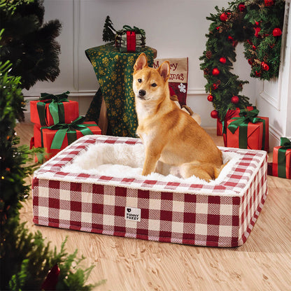 Super soft Checked Dog Bed - Scottish Snuggle Bed-Red-M-Nora Luxe