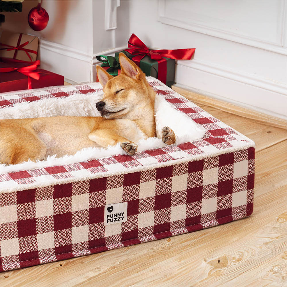 Super soft Checked Dog Bed - Scottish Snuggle Bed-Red-M-Nora Luxe
