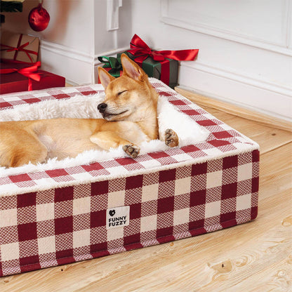 Super soft Checked Dog Bed - Scottish Snuggle Bed-Red-M-Nora Luxe