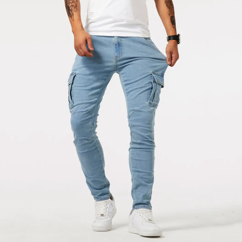 Super-Stretch Cargo Trousers | Arno Men's Cargo Jeans-Light blue-S-Nora Luxe