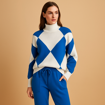 Comfortable sweater and jogger set for women, perfect for lounging at home or casual outdoor wear, available in beige, red, blue, and black.