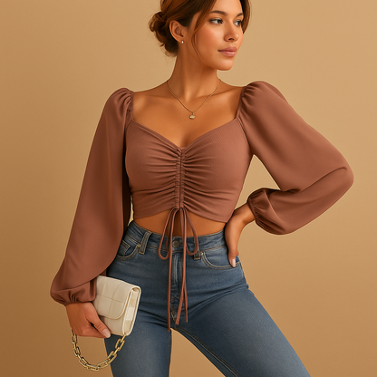 Women’s sweetheart neckline blouse with tie detail in soft, breathable fabric — elegant, feminine, and perfect for any occasion.
