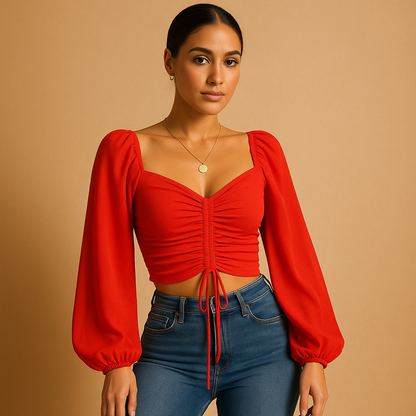 Women’s sweetheart neckline blouse with tie detail in soft, breathable fabric — elegant, feminine, and perfect for any occasion.
