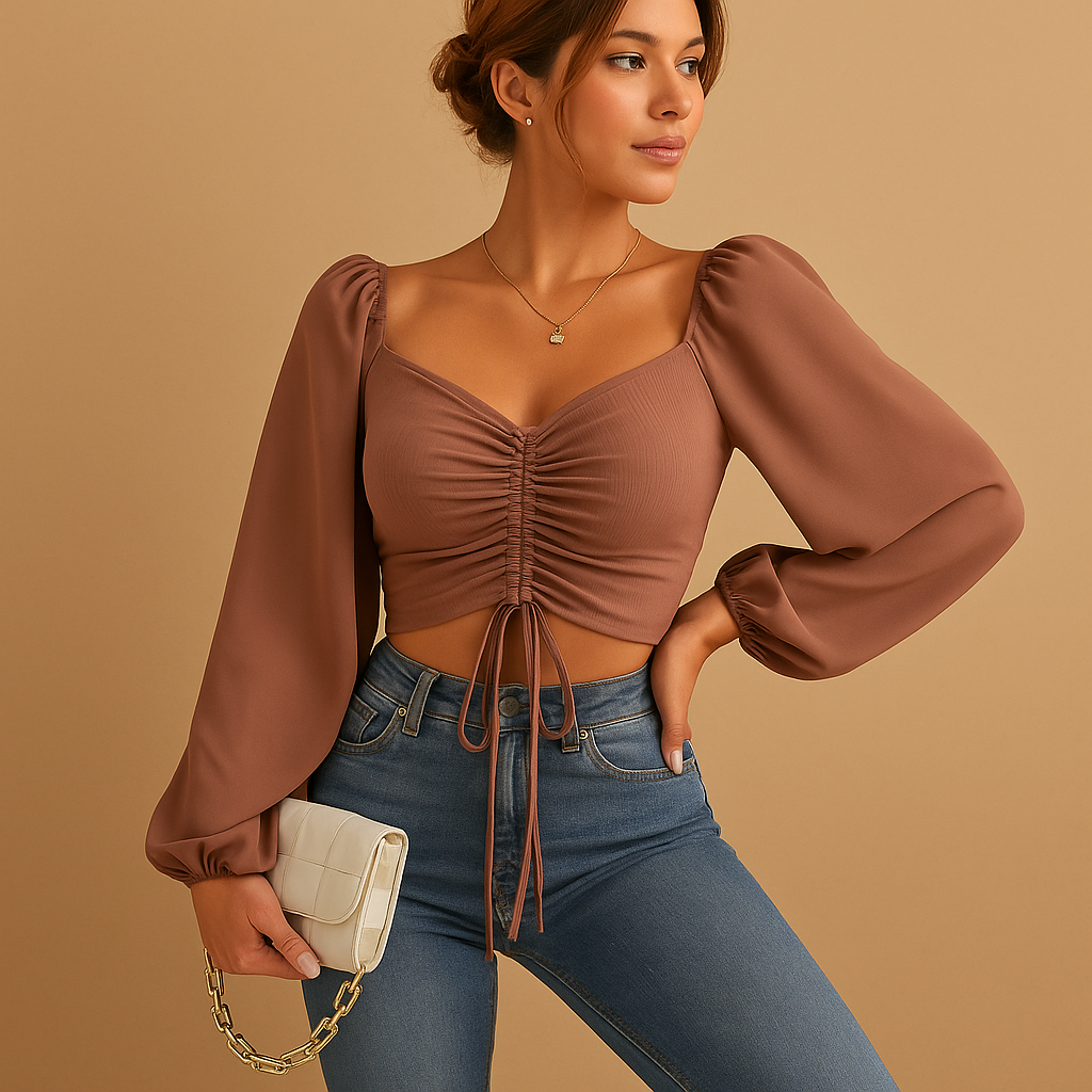 Women’s fitted blouse with a sweetheart neckline and tie detail, designed for casual wear and festive occasions in multiple colors.