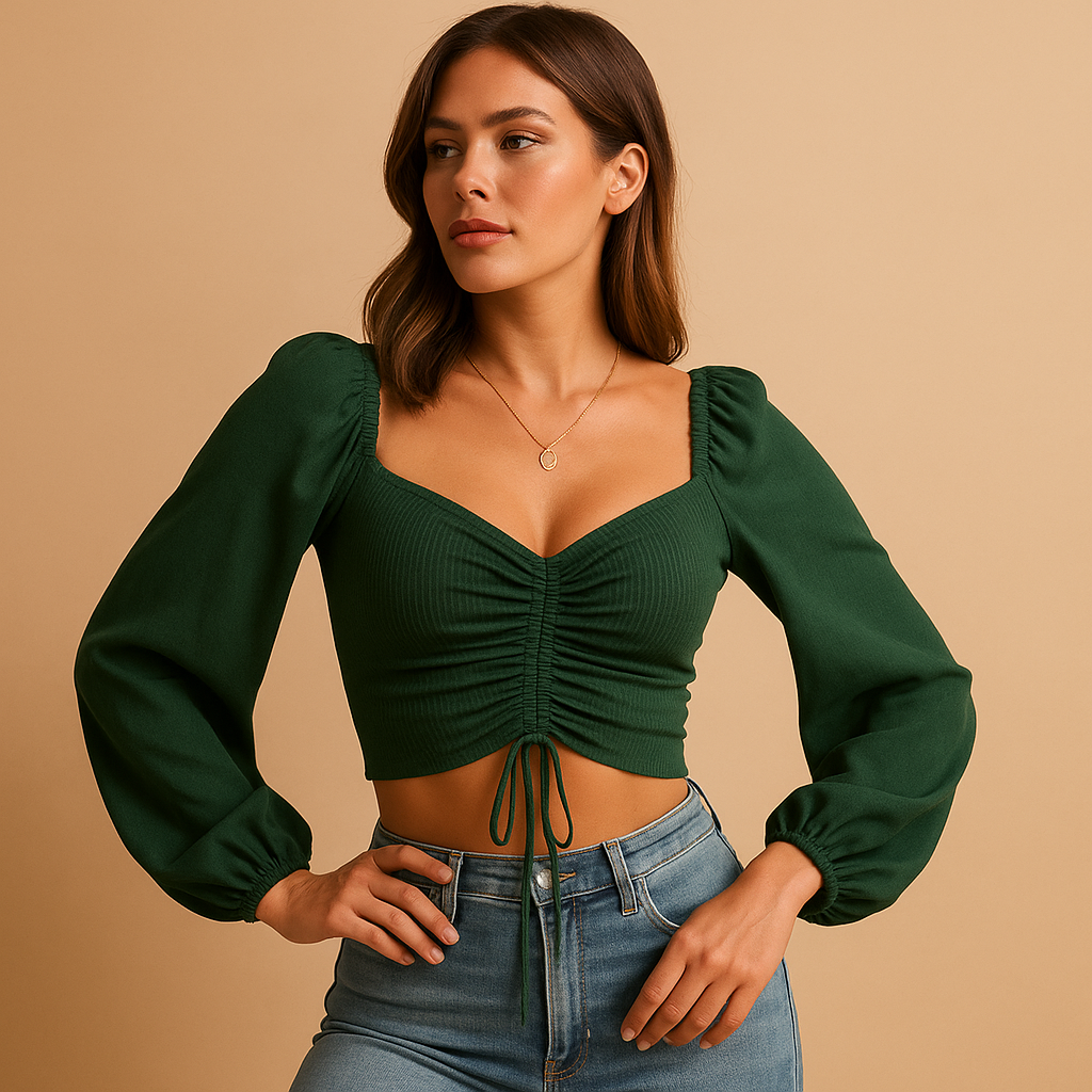 Women’s fitted blouse with a sweetheart neckline and tie detail, designed for casual wear and festive occasions in multiple colors.