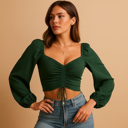 Women’s fitted blouse with a sweetheart neckline and tie detail, designed for casual wear and festive occasions in multiple colors.