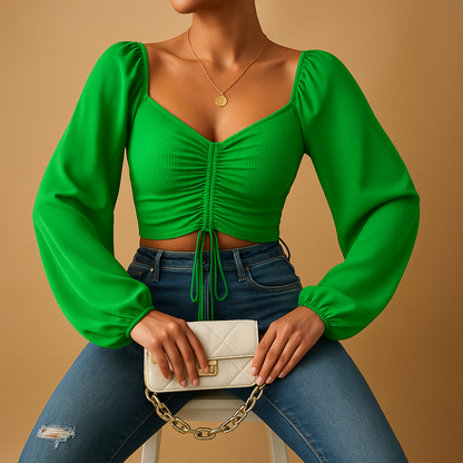 Women’s fitted blouse with a sweetheart neckline and tie detail, designed for casual wear and festive occasions in multiple colors.