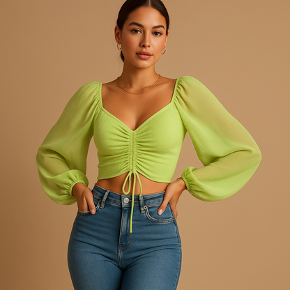 Women’s fitted blouse with a sweetheart neckline and tie detail, designed for casual wear and festive occasions in multiple colors.