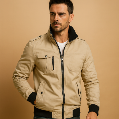 Men’s tactical bomber jacket with high collar, ribbed cuffs, and multiple pockets, rugged design with epaulettes for outdoor and everyday wear.