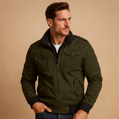 Men’s tactical bomber jacket with high collar, ribbed cuffs, and multiple pockets for everyday and outdoor wear.