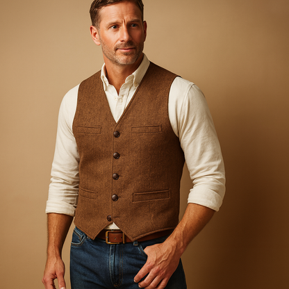 Men’s tailored button vest with adjustable fit and practical pockets, perfect for formal events or casual layered autumn and winter outfits.