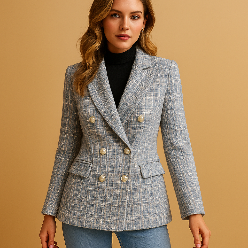 Tailored women’s check blazer with a flattering fit and timeless design, ideal for work, formal outfits, and polished everyday wear.