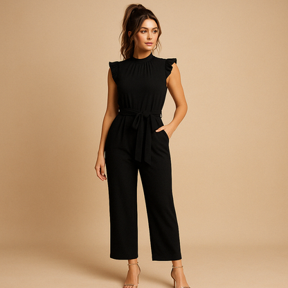 Tailored elegant jumpsuit for women with round neckline, cap sleeves, and waist belt, perfect for formal occasions, parties, or elegant evenings.