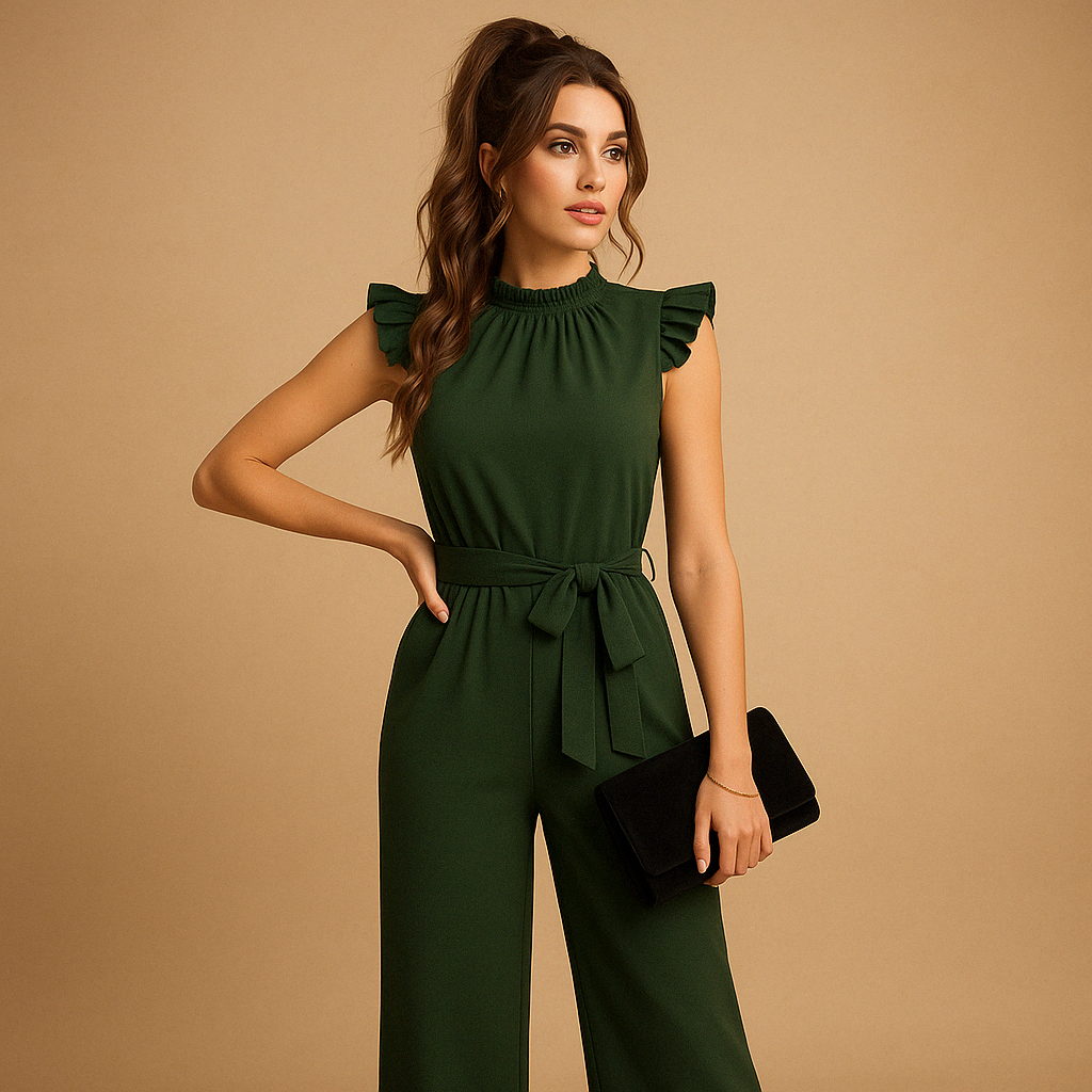 Tailored elegant jumpsuit for women with round neckline, cap sleeves, and waist belt, perfect for formal occasions, parties, or elegant evenings.