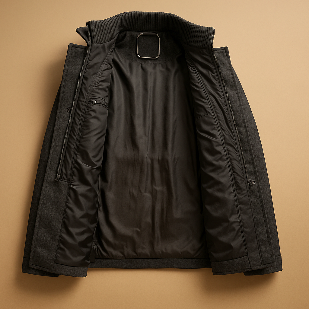 Elegant tailored winter coat for men with slim fit and two-piece design, ideal for formal occasions and cold-weather style.