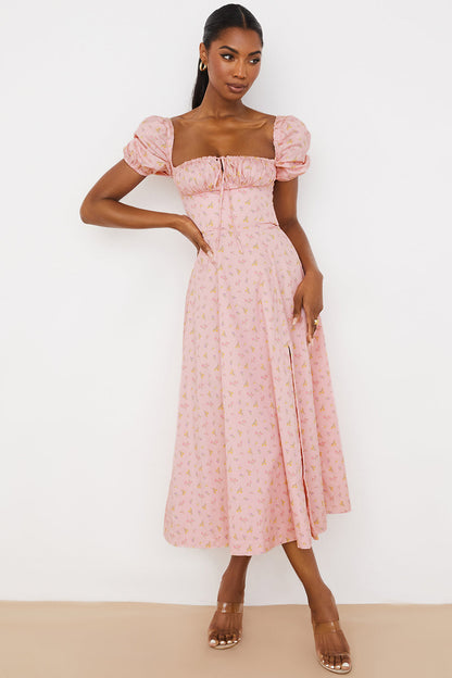 Casual Floral Midi Dress with Ruffles and Puff Sleeves