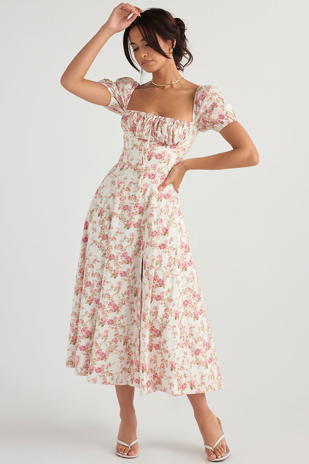Casual Floral Midi Dress with Ruffles and Puff Sleeves