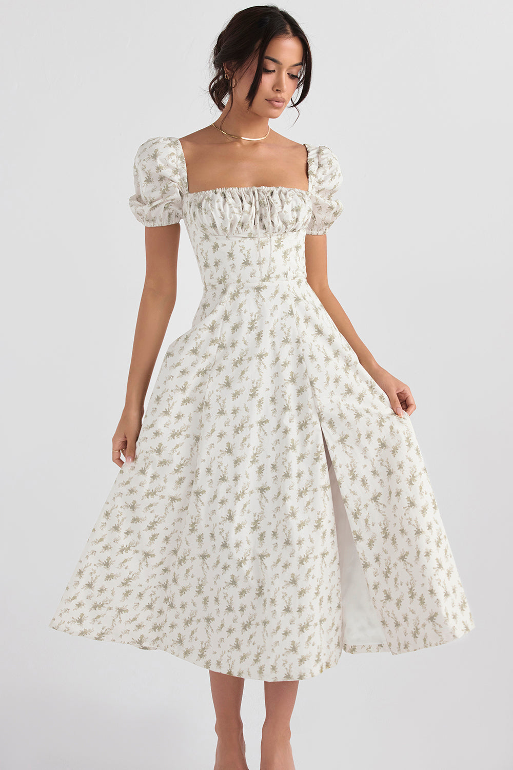 Casual Floral Midi Dress with Ruffles and Puff Sleeves - Nocini
