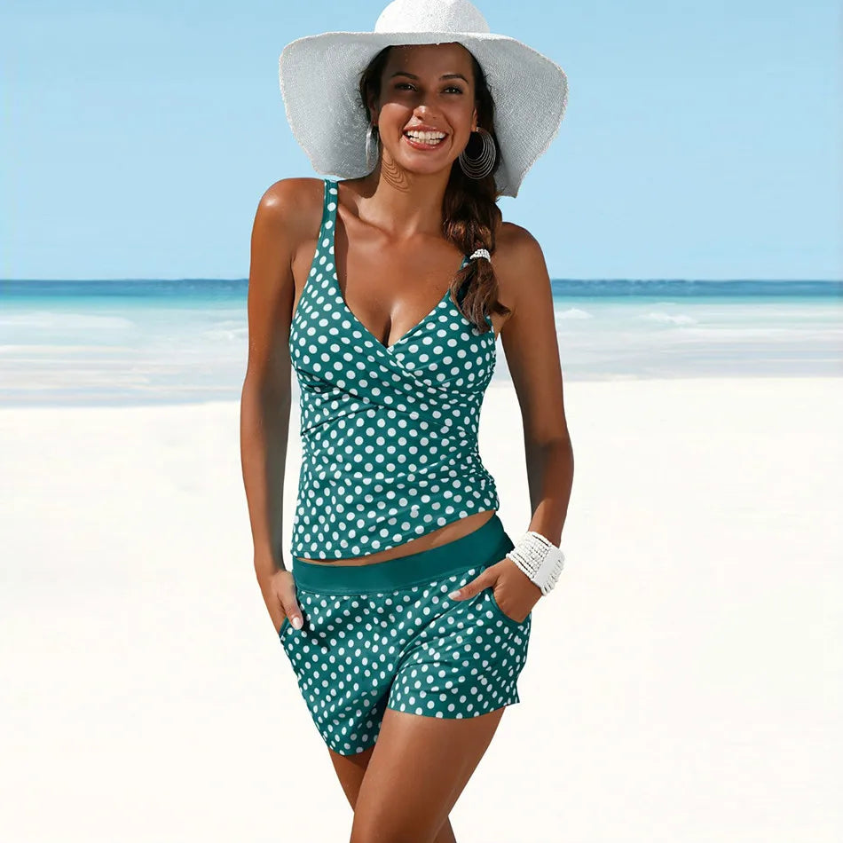 Women's Polka Dot Swimsuit Tankini Set - Pexav