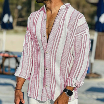 Casual Striped Mens Shirt Loose Fit Breathable