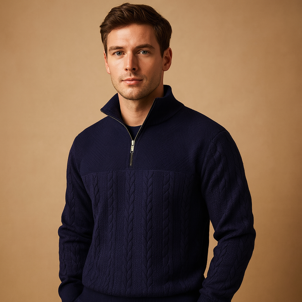 Men’s textured quarter-zip pullover with a relaxed fit and woven pattern, ideal for casual and semi-formal autumn and winter outfits.