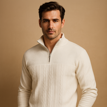Men’s textured quarter-zip pullover with a relaxed fit and woven pattern, ideal for casual and semi-formal autumn and winter outfits.