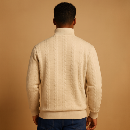 Men’s textured quarter-zip pullover with a relaxed fit and woven pattern, ideal for casual and semi-formal autumn and winter outfits.