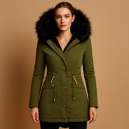 Women’s thermal winter coat with insulated fabric, faux fur hood, and zip and button closure, suitable for outdoor activities and stylish winter wear.