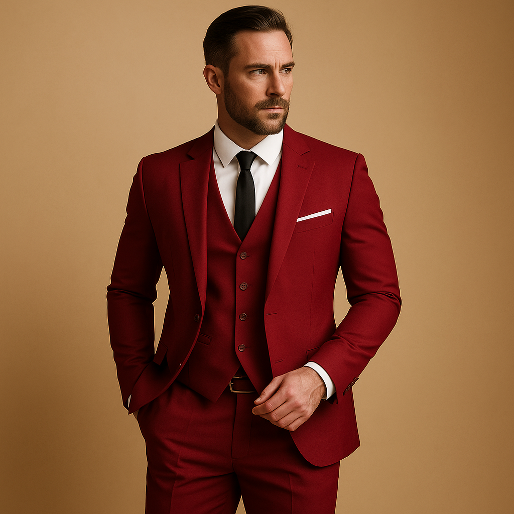 Three-piece slim fit suit for men with blazer, waistcoat, and trousers in a modern cut. Perfect for weddings, business, and formal occasions.
