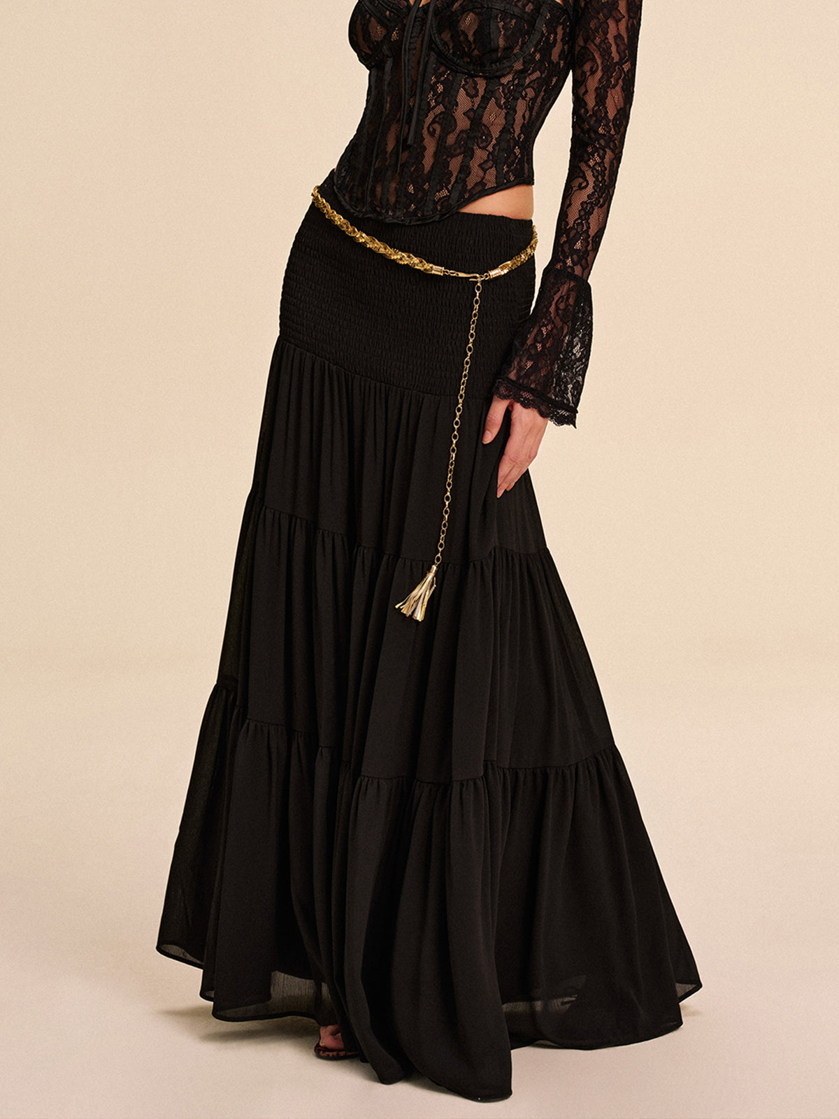 Layered Flowy Skirt No Waist Belt - Pexav
