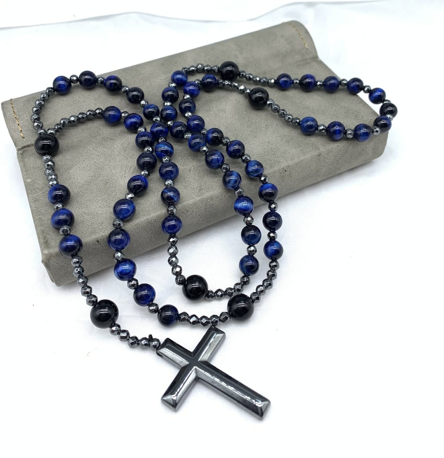 Tiger Eye and Lapis Lazuli Cross Rosary Necklace for Men - Orion-Tiger's eye-Nora Luxe