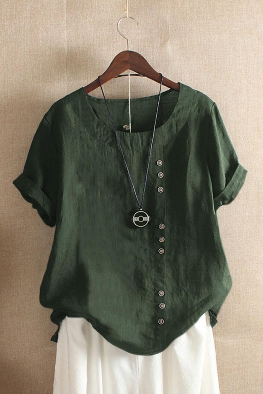 Loose Fit Women's Cotton Blouse with Short Sleeves