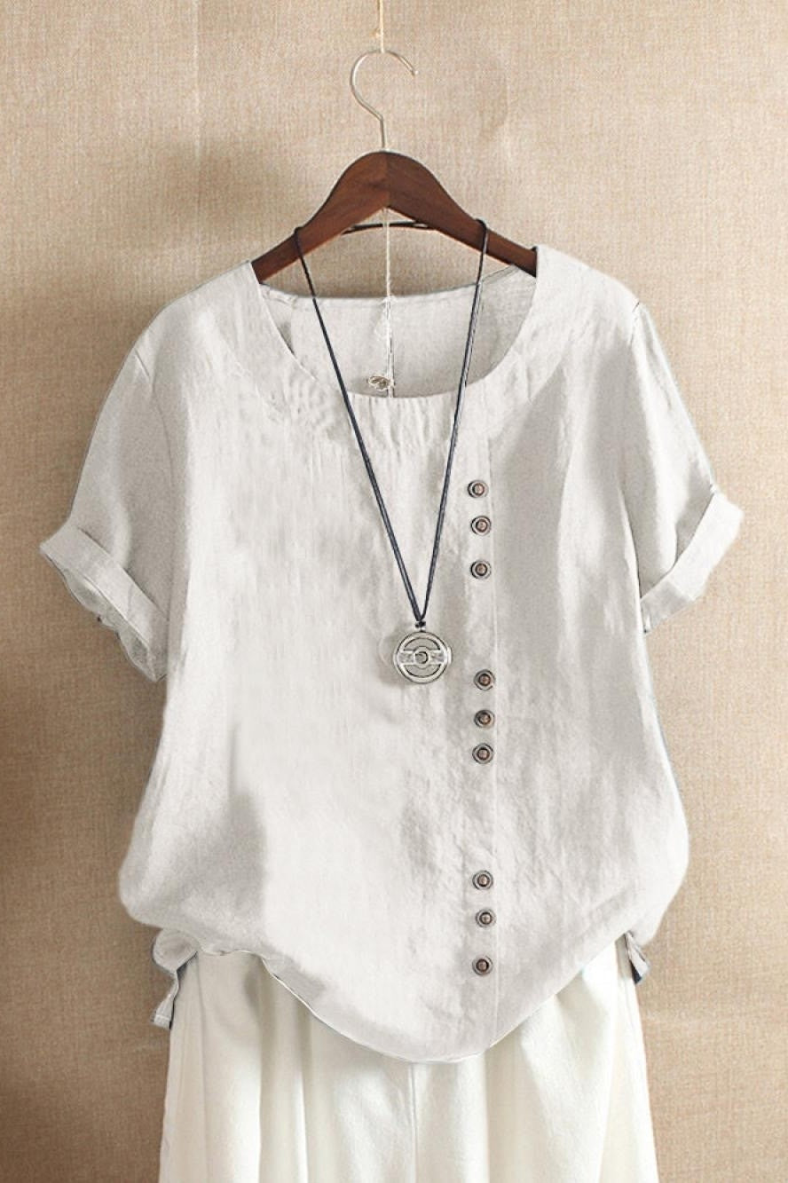Loose Fit Women's Cotton Blouse with Short Sleeves