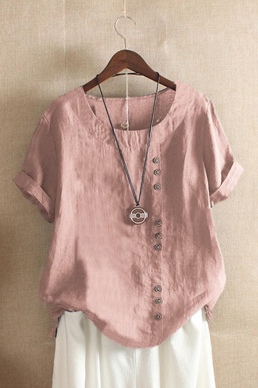 Loose Fit Women's Cotton Blouse with Short Sleeves