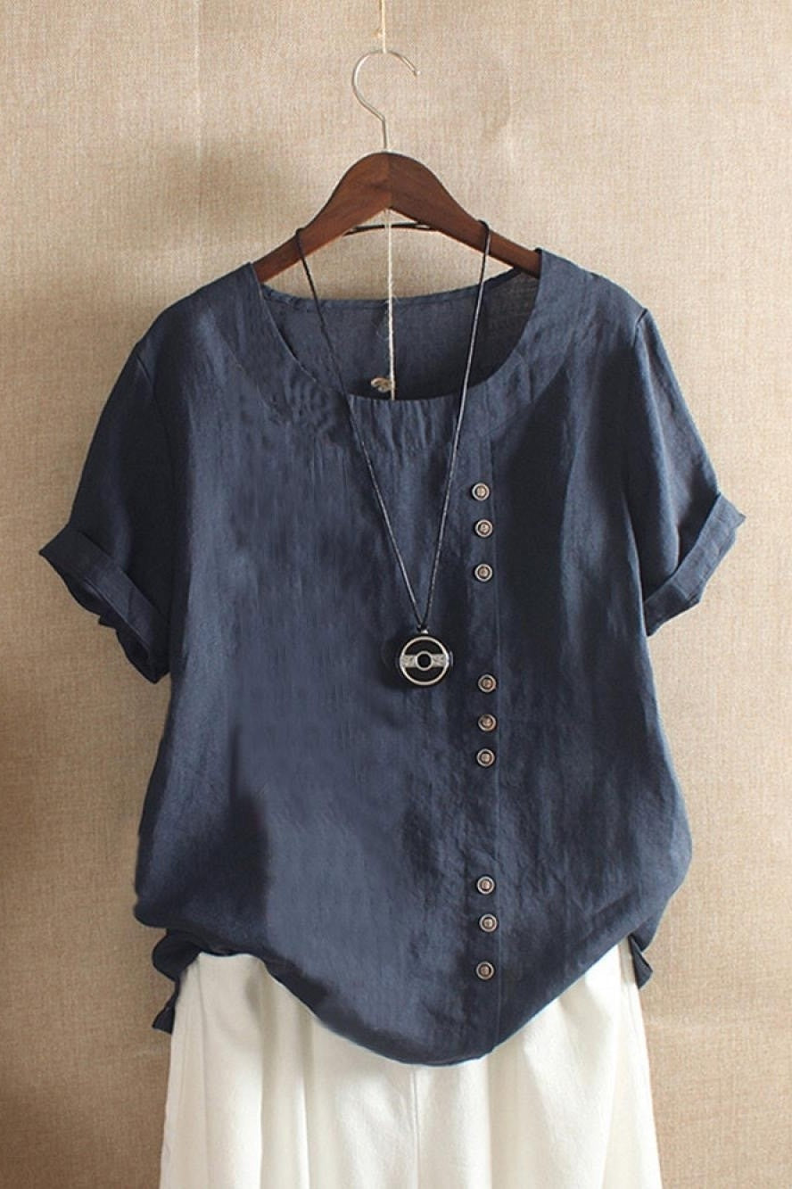 Loose Fit Women's Cotton Blouse with Short Sleeves - Nocini