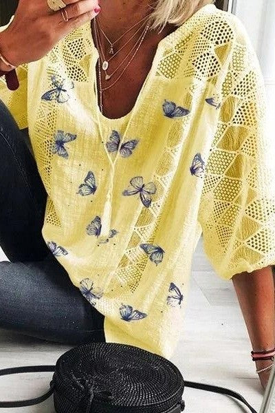 Loose Fit V Neck Lace Trim Blouse