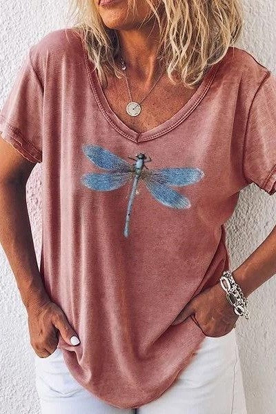 Casual V Neck Women's Dragonfly Tee Shirt - Nocini